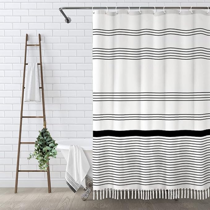 Awellife Black and White Boho Shower Curtain for Bathroom Stripe Tassel Shower Curtain 72 X 72 Inches Farmhouse Cotton