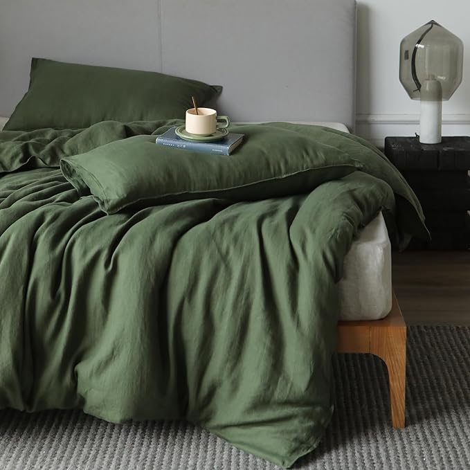 XZ XIFA Green Linen Duvet Cover King, 100% Washed French Flax Linen Bedding with Zipper Closure, Cooling for Hot Sleepers, Textured Bed Sets - 1 Duvet Cover and 2 Pillowcases.