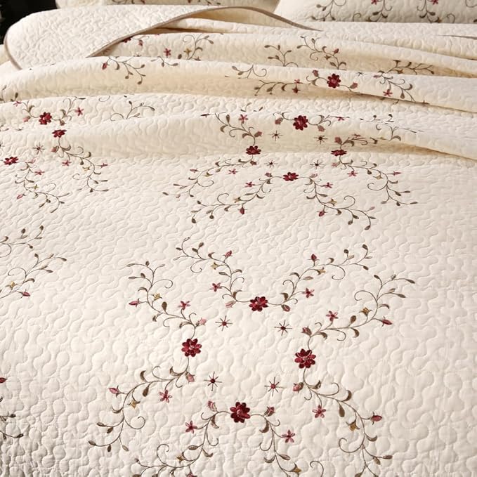 Quilt Set Floral Leaves 3D Embroidery Pattern 3 PCS Cotton Reversible Quilted Embroidered Decorative Bedspreads Coverlet Set, Lightweight &Soft Queen Size Beige Bedding Coverlet for All Season