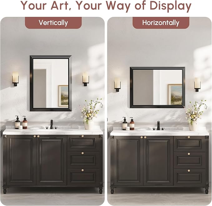USHOWER Black Bathroom Mirrors for Over Sink, 24x32 Inch Beveled Rectangular Bathroom Vanity Mirror, Brushed Thick Aluminum Framed, Anti-Rust, 4mm Copper-Free Silver Wall Mirror