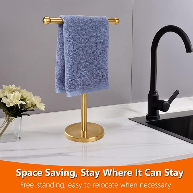 Gold Hand Towel Holder Stand with Heavy Stainless Steel Base, T-Shape Towel Rack, Free-Standing Towel Holder Countertop for Bathroom (Brushed Gold)