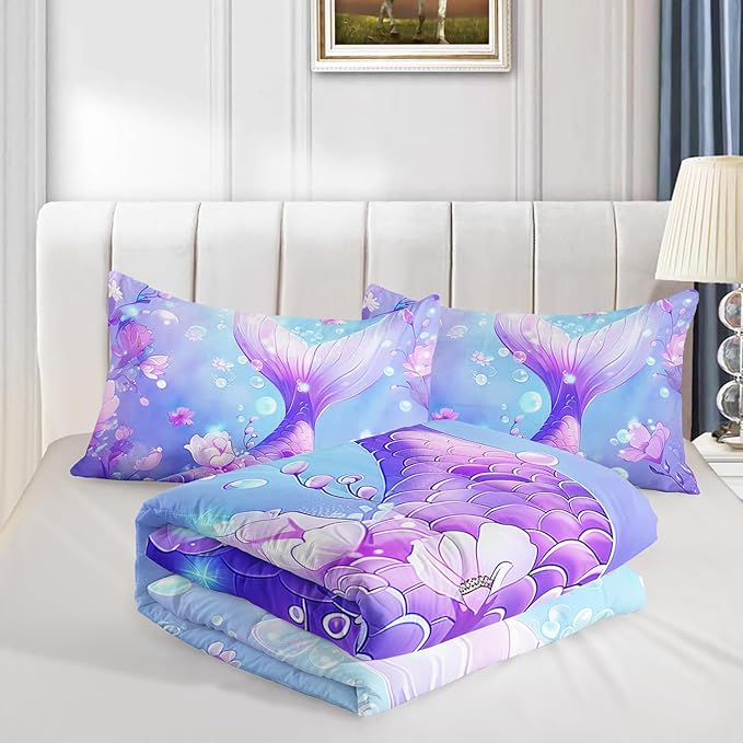 Pretty Mermaid Comforter King for Girls Kids, Mermaid Fish Scale Floral Pattern Bedding for Girls Bedroom Decor, Ocean Themed Comforter Bedding Set with 2 Pillowcases