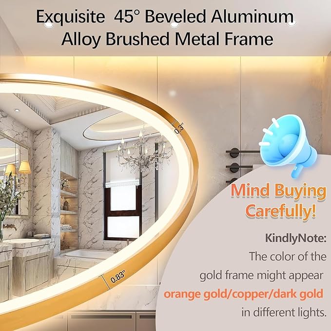 51" x 27" Oval LED Bathroom Mirror with Lights, Gold Metal Framed Anti-Fog LED Vanity Mirror, Lighted Bathroom Mirrors Wall Mounted, Stepless Dimmable, Shatter-Proof, Horizontal/Vertical