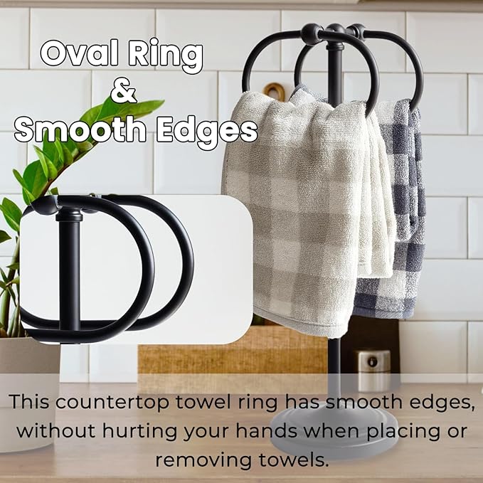 17 Inch Stainless Steel Hand Towel Holder Double Stand Hand Towel Ring for Washcloths or dishcloths Non-Slip Base Free Standing Towel Rack for Bathroom Kitchen (Black)