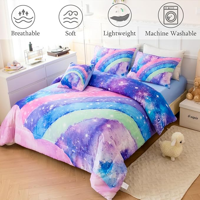 ANGIYUIN Tie Dye Blue Rainbow Comforter Set Queen Size 6 Pieces Gradient Glitter Girls Bed in A Bag Twinkle Nebula Comforter Bedding Set for All Season