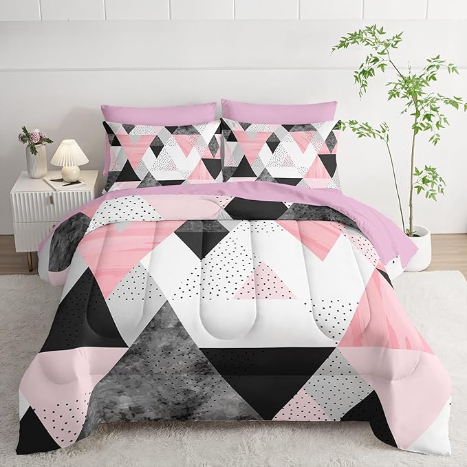 Queen Size Comforter Set - 7 Piece Pink & Gray Triangle Geometric Bedding, Ultra Soft Microfiber, Modern Aesthetic, All Season