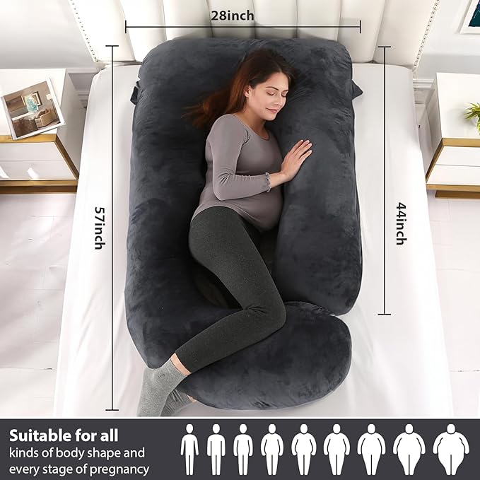 BATTOP Pregnancy Pillows for Sleeping, Full Body Maternity Pillow for Side Sleeping, Support for Back, Legs, Belly, HIPS, 57 Inch Pregnancy Pillow with Removable Cover, Black