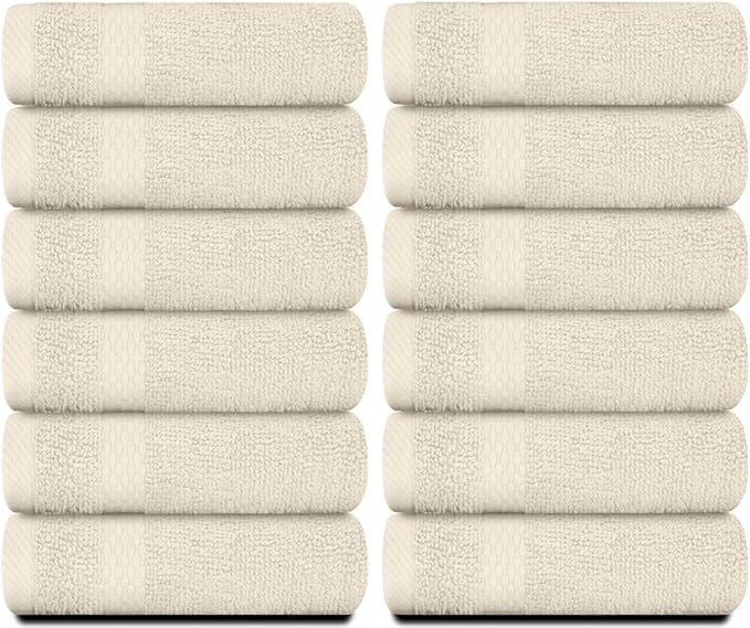 White Classic Luxury Cotton Washcloths 13x13 Inch - 650 GSM Turkish Cotton | Hotel, Spa, Bathroom Face Towel | 12 Pack, Ivory