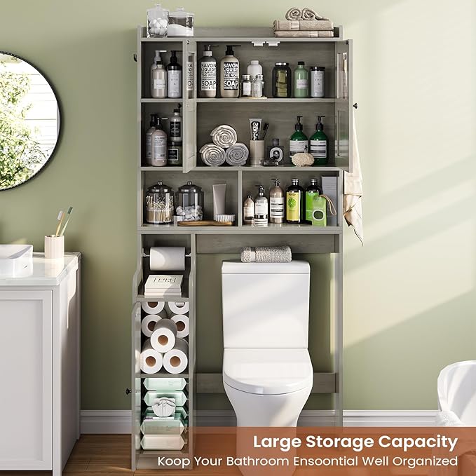 Itaar Over The Toilet Storage Cabinet, Over Toilet Bathroom Organizer with Glass Doors & Toilet Paper Holder Stand, Home Space-Saving Toilet Rack, for Bathroom, Restroom, Laundry, Grey