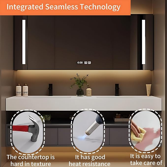 60IN Bathroom Vanity Double Sink - Double Sink Bathroom Vanity Set Include Smart Defogging Bathroom Mirror Cabinet with LED Light Strips, Abundant Storage Space with 3 Drawers (Mirror Cabinet)