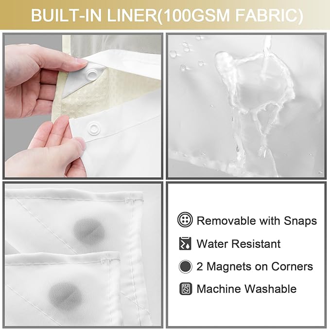 YellyHommy No Hook Shower Curtain with Snap in Liner Set Less Waffle Shower Curtain for Bathroom (Cream, 87" L x 72" W)