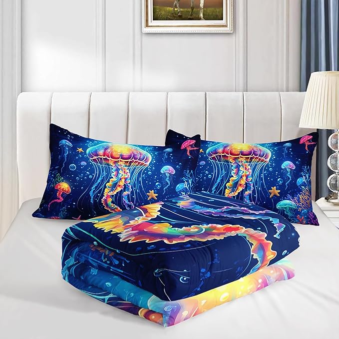 Fantasy Jellyfish Comforter Full Bedding Sets for Girls Kids Toddlers,Coral Starfish Ocean Theme Bedroom Decor,Blue Underwater World Bedding Sets with 2 Pillowcases.