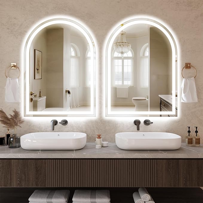 LED Bathroom Mirrors with Lights 30"x34" Arched Mirror for Wall,Led Vanity Mirror, Anti-Fog,LED Mirrors with Front Light and Backlit, Anti-Fog, Dimmable, 3 Color, Shatterproof, Touch Sensor