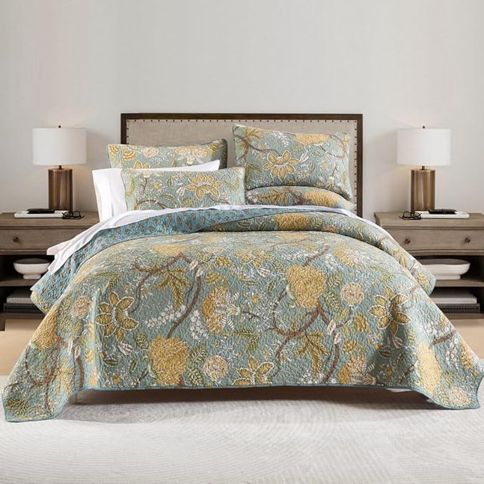 Cotton Bedspread Bedding Coverlet Quilt Sets, Reversible Vintage Branch Floral Bedspread comforters, (Rustic Sage Green Floral Pattern, Queen Size)