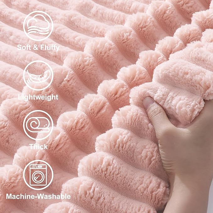decorUhome Christmas Soft Fleece Pink Blanket King Size for Bed, Cozy Fluffy Plush Flannel Large Striped Throws for Couch Sofa, Lightweight Decorative Fuzzy Blanket for Woman, 108x90 Inches
