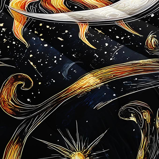 Sun and Moon Bedding Set Queen Size,Yellow Galaxy Celestial Bedding for Kids Boys Girls Teens Room Boho Decor,Black and Yellow Fluffy Comforter Sets with 2 Pillowcases.