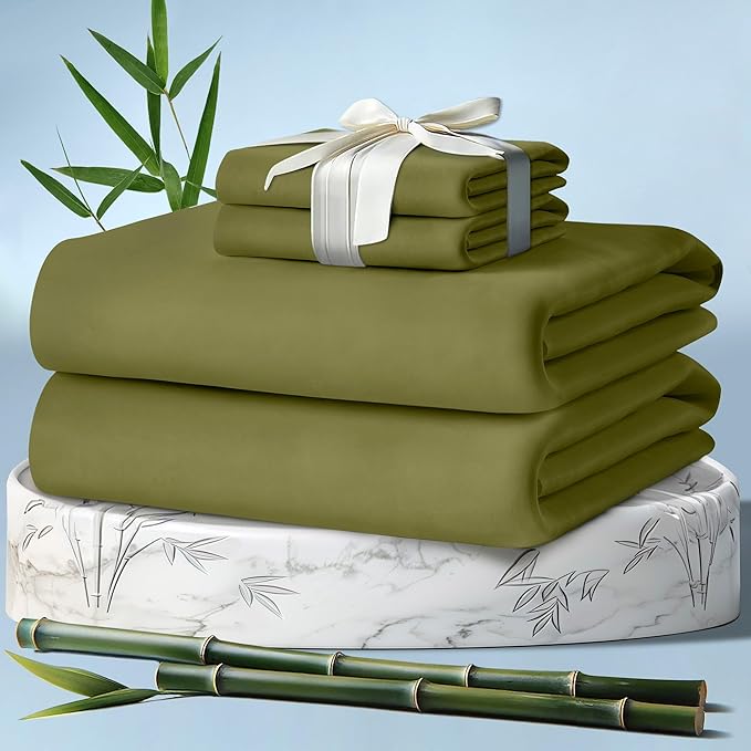 DECOLURE 100% Viscose Derived from Bamboo Sheets Queen Size 4pcs - Ultra Soft & Luxuriously Cooling, 17" Deep Pocket, Double Stitching,Perfect for Hot Sleepers - Queen Bed Sheets (Light Olive)