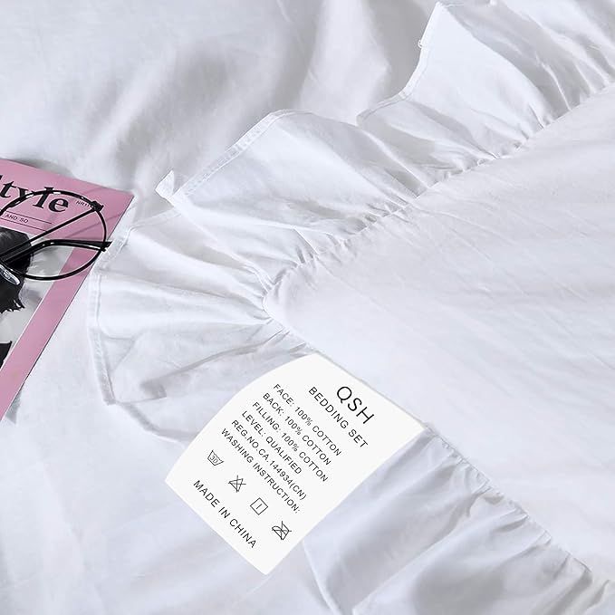 QSH White Ruffle California King Duvet Cover, Washed Cotton Farmhouse Shabby Boho Chic Bedding Comforter Quilt Cover Oversized Vintage Rustic French Country Aesthetic Bedding 3 Pieces