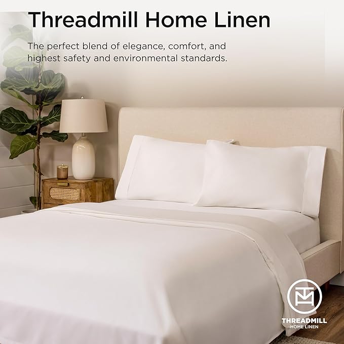 Threadmill 100% Cotton Sheets for Full Size Bed - 600 Thread Count Full Bed Sheets Set with 16” Deep Pocket - Sateen Weave 4-Piece Bedding Set with Cooling Effect, White