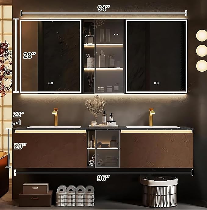 96" Double Bathroom Sink Vanity, Modern Bathroom Vanity Includes LED Smart Defogging Mirror Cabinet & Semi-Open Storage & Ceramic Basin, Floating Bathroom Cabinet with Sensor Light (Dark Brown)