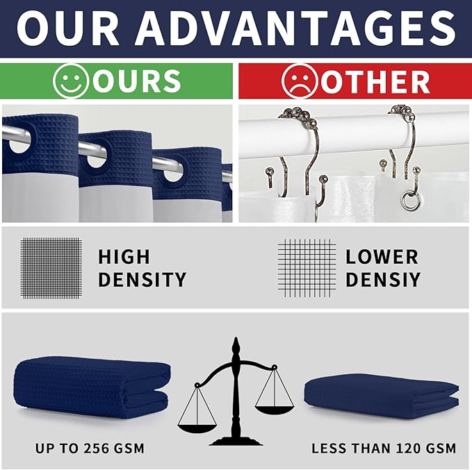 YellyHommy No Hook Shower Curtain and Liner Set Less Time Waffle Cotton Hotel Shower Curtain with Snap in Liner 72" Wx 75" L Blue