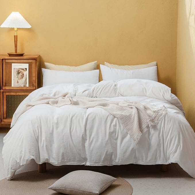 FOSSA Duvet Cover Set 100% Washed Cotton Linen Feel Super Soft Breathable Cozy 3 Pieces Bedding Sets Solid Off White Oversized King