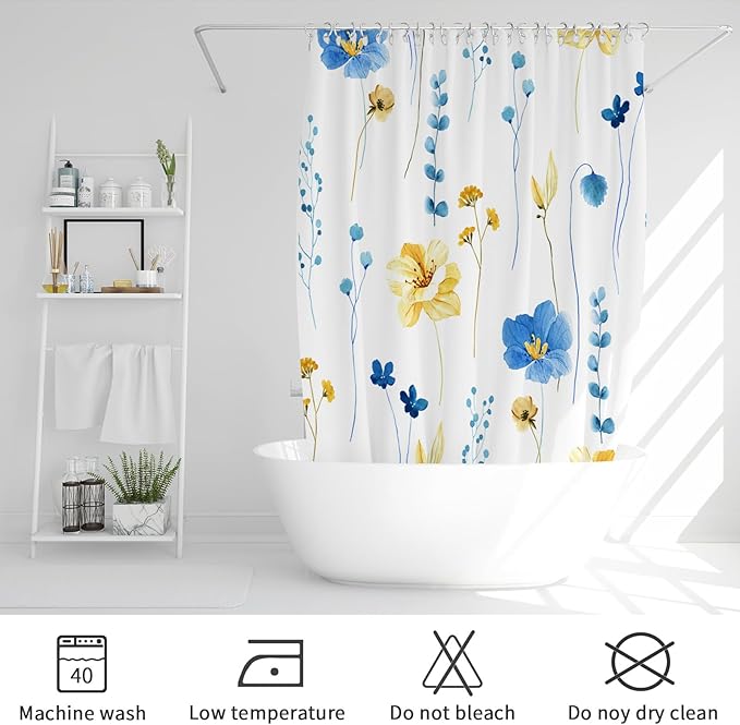 Gibelle Watercolor Floral Shower Curtain, Blue Yellow Flower Shower Curtain for Bathroom, Modern Minimalist Waterproof Fabric Shower Curtain Set with Hooks 72x72 Inch