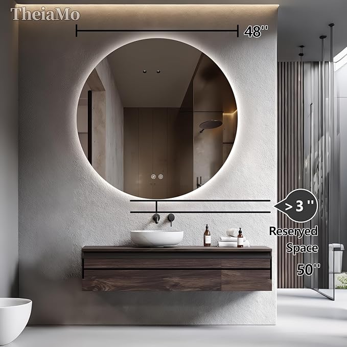 Round LED Mirror for Bathroom, 48" Circle Frameless Backlit Mirror with Lights, Wall Mounted Vanity Mirror, 3 Colors, Dimmable, Anti-Fog, IP65 Waterproof, Memory Function, UL Listed
