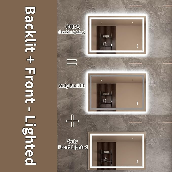 Bathroom Mirror with Lights 32"X48" with Front Light and Backlit, Tempered Glass, Wall Mount Horizontal/Vertical, Stepless Dimmable, 3 Colors, Anti Fog, Bathroom Memory LED Mirror