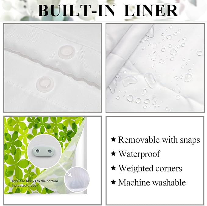 Green Flower Shower Curtain No Hooks with Snap-in Fabric Liner Set,Spring Leaves Shower Curtain for Bathroom,Hotel Decor Waterproof Shower Curtains,with See Through Top Window,71W x 74H