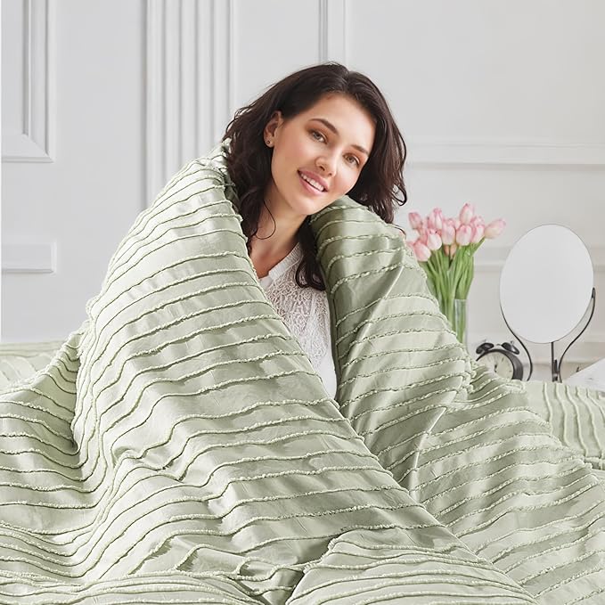 NEXHOME PRO Duvet Cover Full Size, Blue 3 Pieces Boho Tufted Duvet Cover Set, Soft and Lightweight Microfiber Comforter Cover Set for All Season (Sage Green,80 x 90)-No Comforter