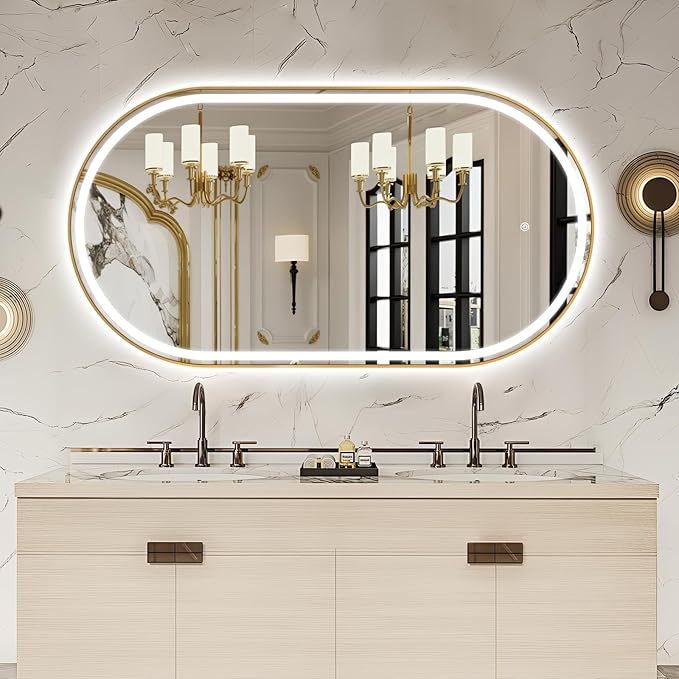 51" x 27" Oval LED Bathroom Mirror with Lights, Gold Metal Framed Anti-Fog LED Vanity Mirror, Lighted Bathroom Mirrors Wall Mounted, Stepless Dimmable, Shatter-Proof, Horizontal/Vertical