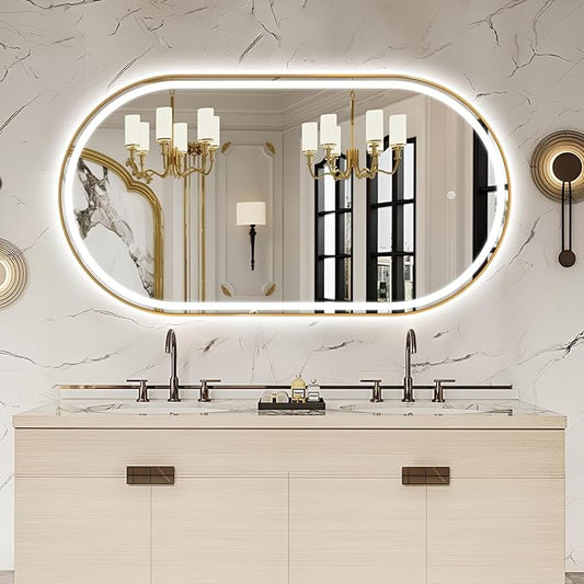 51" x 27" Oval LED Bathroom Mirror with Lights, Gold Metal Framed Anti-Fog LED Vanity Mirror, Lighted Bathroom Mirrors Wall Mounted, Stepless Dimmable, Shatter-Proof, Horizontal/Vertical