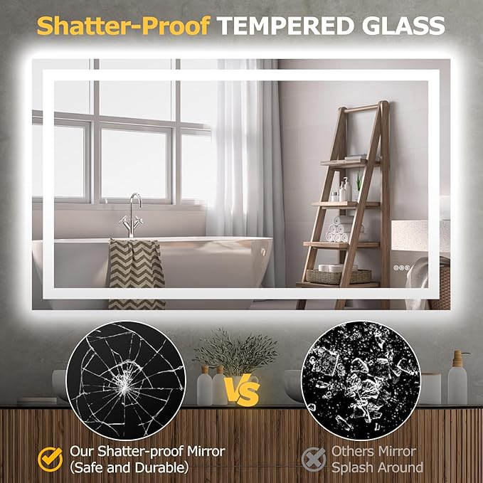 60X36 LED Bathroom Mirror with Lights, Anti-Fog, Dimmable, Backlit + Front Lit, Smart Bathroom Vanity Mirror, Memory Function, Shatterproof, Tempered Glass (Horizontal/Vertical)