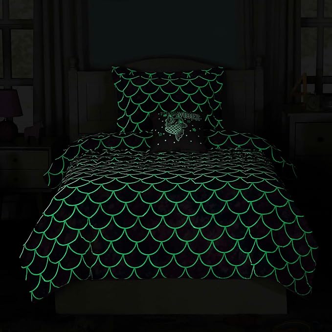 Twin Comforter Set for Girls-3 Pieces Mermaid Glow in The Dark Twin Bedding Sets for Kids,1 Comforter,1 Sham and 1 Decor Pillow