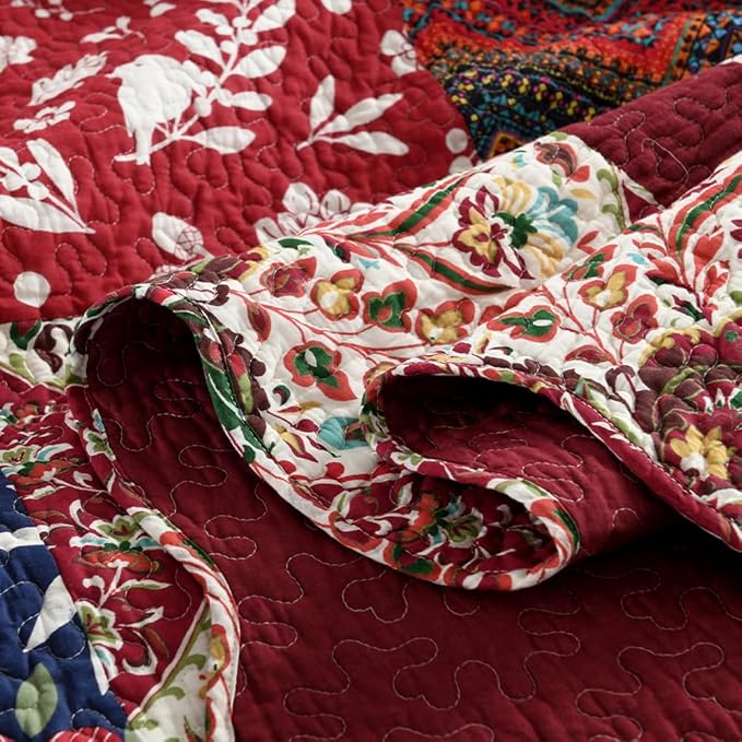 Cotton Bedspread Quilt Bedding Sets 3 Pieces Reversible Coverlet Sets Comforters Gorgeous Paisley Floral Patchwork Red Bedspread, King Size