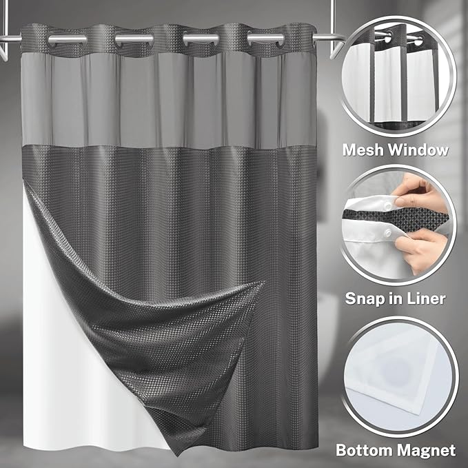 No Hook Shower Curtain with Snap in Liner Set Waffle Shower Curtain for Bathroom Hotel Style Fabric Waterproof Inner Liner，71" W x 86" H, Dark Grey