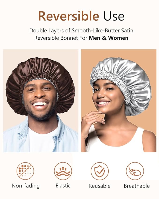 mikimini Satin Bonnet for Men and Women, Reversible Double Layer Sleeping Bonnet for Hair Braids with Anti-slip Adjustable Elastic Band Super Soft (XL, Black/silver)