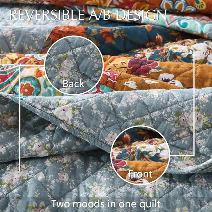 Cotton Bedspread Quilt Bedding Sets 3 Pieces Reversible Coverlet Sets Comforters Luxury Paisley Floral Patchwork Brown Bedspread, Queen Size