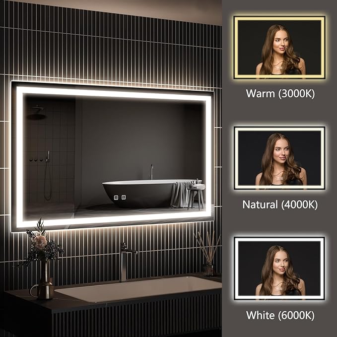 APRILSOUL 40x32 Inch LED Bathroom Mirror with Front and Backlit, Makeup Mirror with 3 Color Lights, Memory Function, Anti-Fog and Dimmable Light (Horizontal)