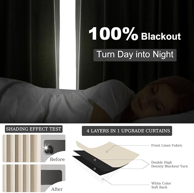 Topfinel Beige Blackout Curtains & Drapes 84 Inch Length, Cream Pinch Pleat Full Flax Linen Burlap Soundproof Curtains with Hooks Rings for Bedroom Living Room Track System 2 Panels Set, Tan