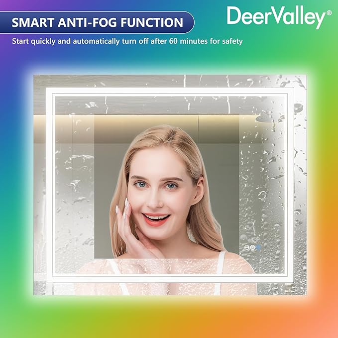DeerValley LED Bathroom Mirror, 40" x 32" RGB Front and Backlit Wall Mounted Bathroom Vanity Mirror, Anti-Fog, 3 Colors Dimmable, Shatterproof, Tempered Glass, Memory Function (Horizontal/Vertical)