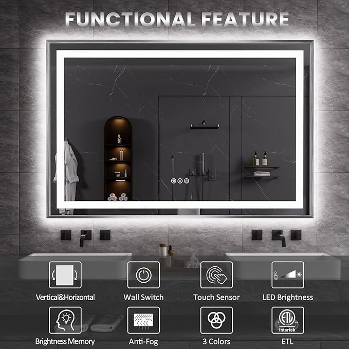Amorho 48" X30" LED Bathroom Mirror, Brushed Nickel Framed Mirror with Front Light and Backlit, Stepless Dimmable, Anti-Fog, Shatter-Proof, Memory, 3 Colors