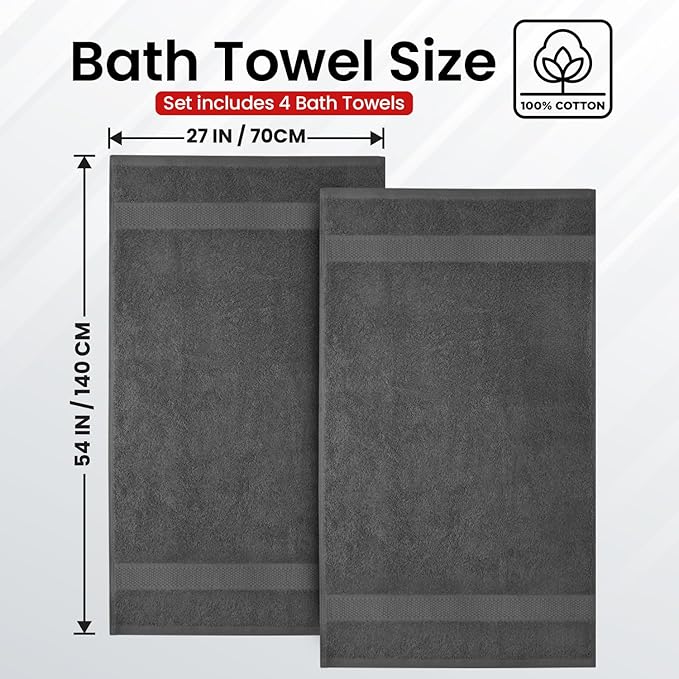Infinitee Xclusives Luxury 100% Ring-Spun Cotton Bath Towels Set of 4 (27x54 inches) – Soft, Absorbent & Quick-Drying Towels for Bathroom, Gym, Spa & Hotel Use (Shadow Grey, Bath Towels)