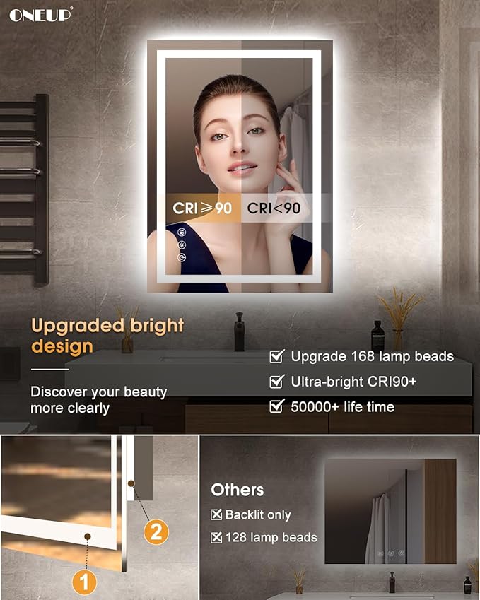 oneup 24x32'' LED Bathroom Mirror,Lighted Bathroom Mirror with Lights,Dimmable 3 Colors Temperature,Anti-Fog,Modern Vanity Mirrors for Wall,Touch Screen,Memory, Shatterproof