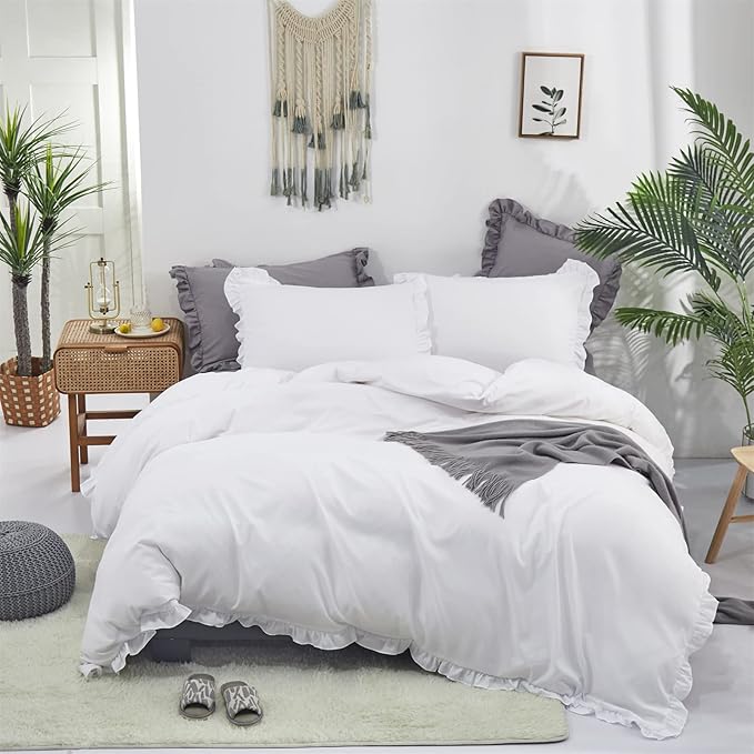 Cottonight White Comforter Set Full Ruffles White Bedding Set Farmhouser Boho Blanket Quilt Plain Vintage Friange Soft Breathable Comforter Set