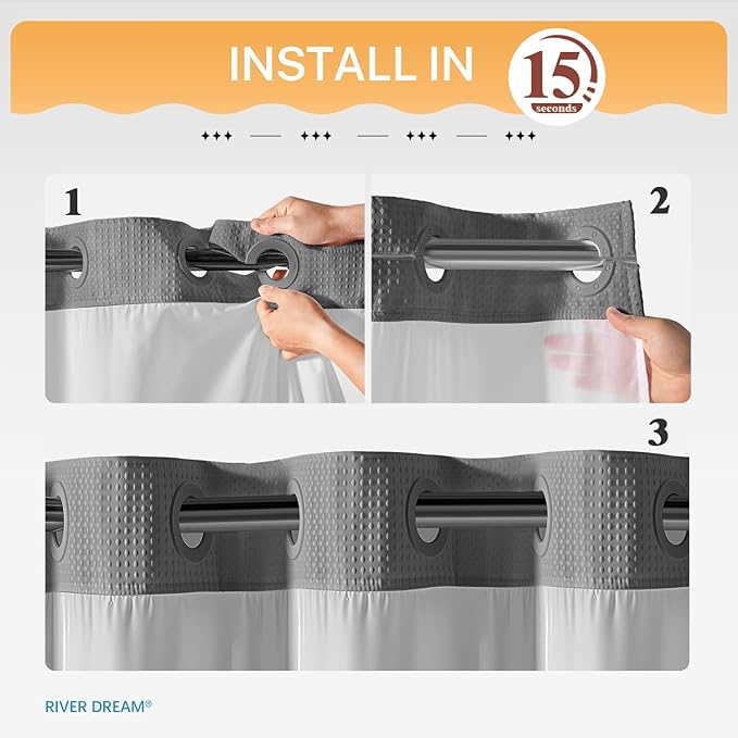 River Dream Stall Heavyweight No Hooks Required Dotted Waffle Weave Shower Curtain with Snap in Liner - 36W x 74H,Hotel Grade,Spa Like Bath Curtain,Gray