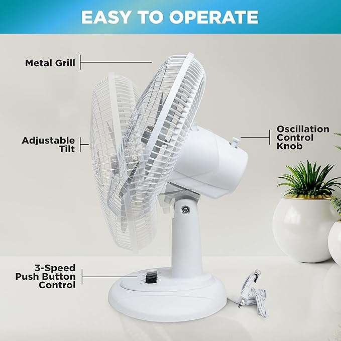 Comfort Zone 12 inch Table Fan with Adjustable Tilt, Wide Area Oscillation, Quiet Air Circulator Fan For Bedroom, 3 Speed Desktop Fan for Home Office, Push Button Controls, White