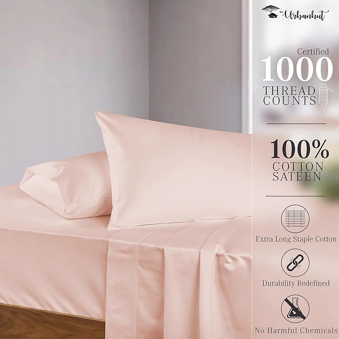 URBANHUT 1000 Thread Count Egyptian Cotton Full Size Sheet Set 4 Pc Bed Sheets, Soft & Breathable, Luxury Hotel Sheets Fits 16" Elasticized Deep Pocket, Sateen Weave, Solid - Blush Pink