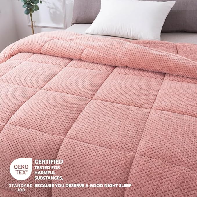 KASENTEX Super Ultra Soft Luxury Plush Sherpa Comforter, Cozy Reversible Fleece - Goose Down Alternative Fill, Machine Washable Bedding, Sunset Rose Pink, King Size